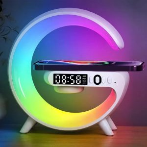 5.9" Wireless Charger with Bluetooth Speaker – RGB Clock Lamp Desktop Stand for iPhone & Samsung