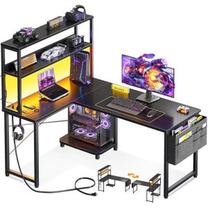43" L-Shaped Gaming Desk – Reversible Corner Desk with LED Lighting, Power Outlets & Storage Shelves
